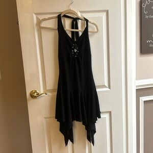 Black poly/rayon/spandex halter dress with beading